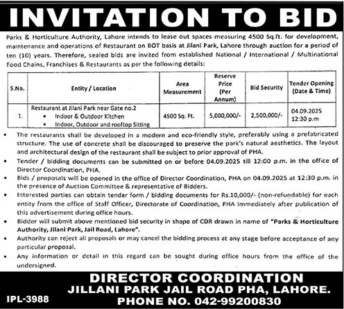 Parks & Horticulture Authority Lahore Tender Notice
